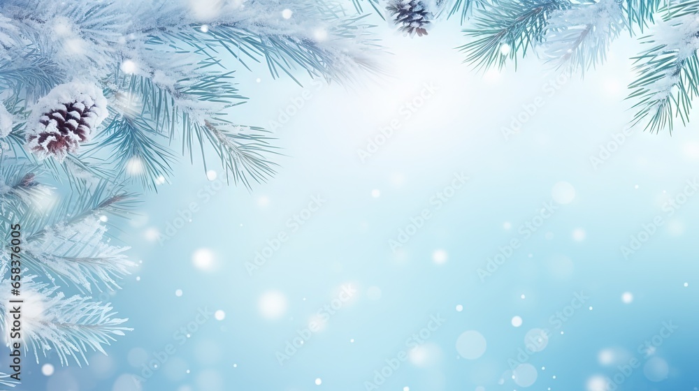  a blue christmas background with pine cones and snow flakes.  generative ai