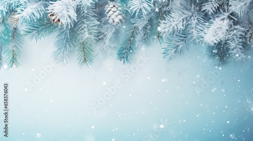  a blue and white background with snow and pine branches in the foreground. generative ai