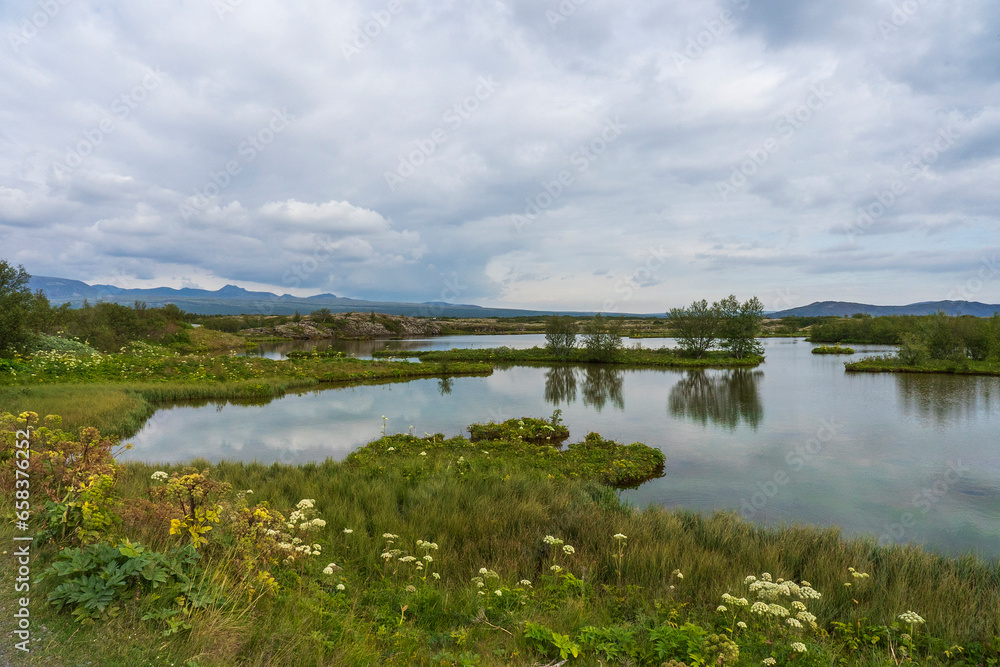 Öxará Lake, a lake-to-lake river in Iceland in Þingvellir National Park, Thingvillir National Park. Iceland.