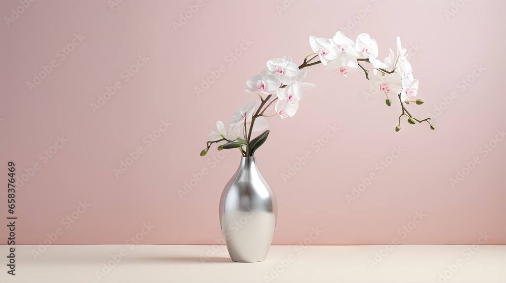  a silver vase with white flowers in it on a table.  generative ai