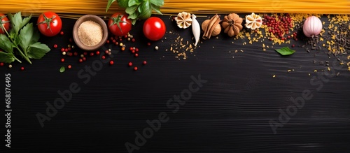 Black table with various foods menu concept Copy space for text top view