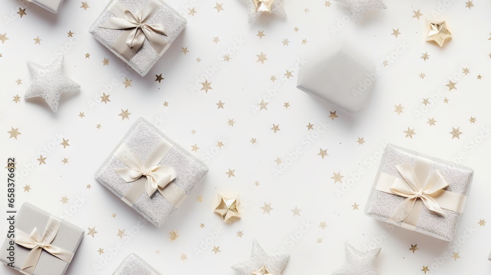 a group of wrapped presents with bows and stars around them. generative ai a group of wrapped presents with bows and stars around them. generative ai