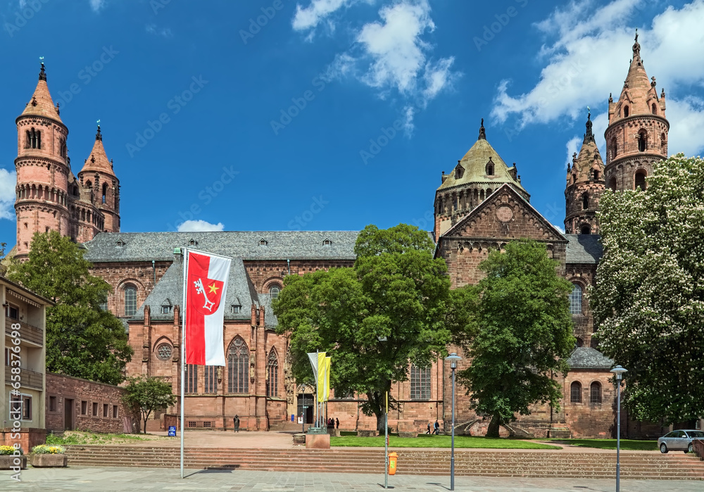 Worms Cathedral, Germany. The cathedral was built from about 1130 to 1181. This is one of the three Rhenish imperial cathedrals besides the Mainz Cathedral and Speyer Cathedral.