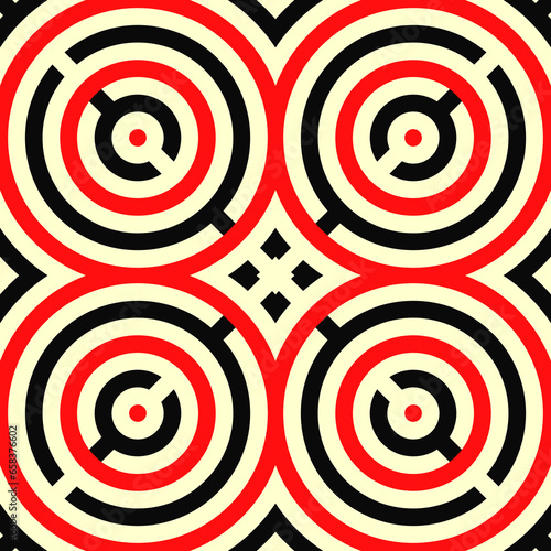 Black and red stylized circles on white background. Seamless circular surface pattern design. Symmetric geometric repeating rounds abstract. Rings wallpaper. Digital paper for textile print. Vector