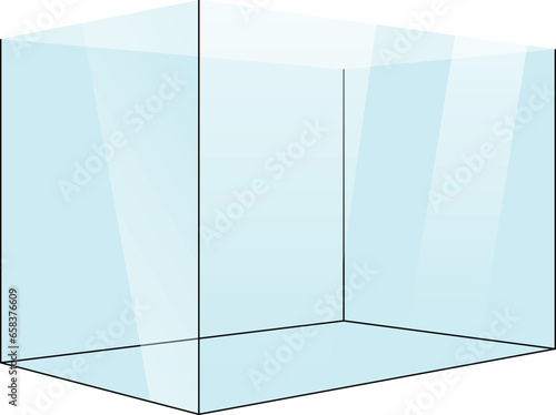 glass aquarium tank, transparent clear fishtank with black dresses and light reflection reflected in the glass graphic illustrations 