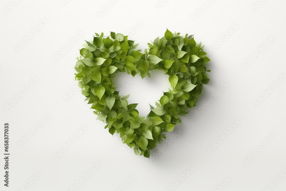 A Heart Shape Made Of Green Leaves On A White Background. Сoncept Heart Shape, Green Leaves, White Background, Nature-Inspired Art. A Heart Shape Made Of Green Leaves On A White Background. Сoncept Heart Shape, Green Leaves, White Background, Nature-Inspired Art.