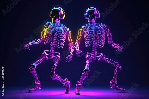 Neon Skeletons With Headphones Grooving To Music