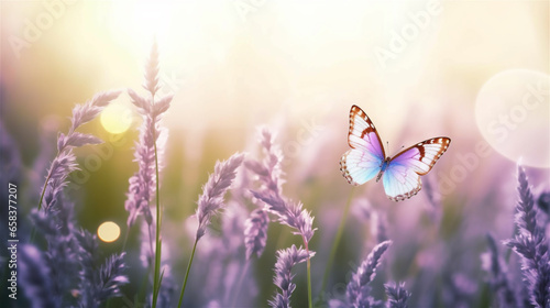 Lavender flowers and butterfly at sunset © MrAdobe