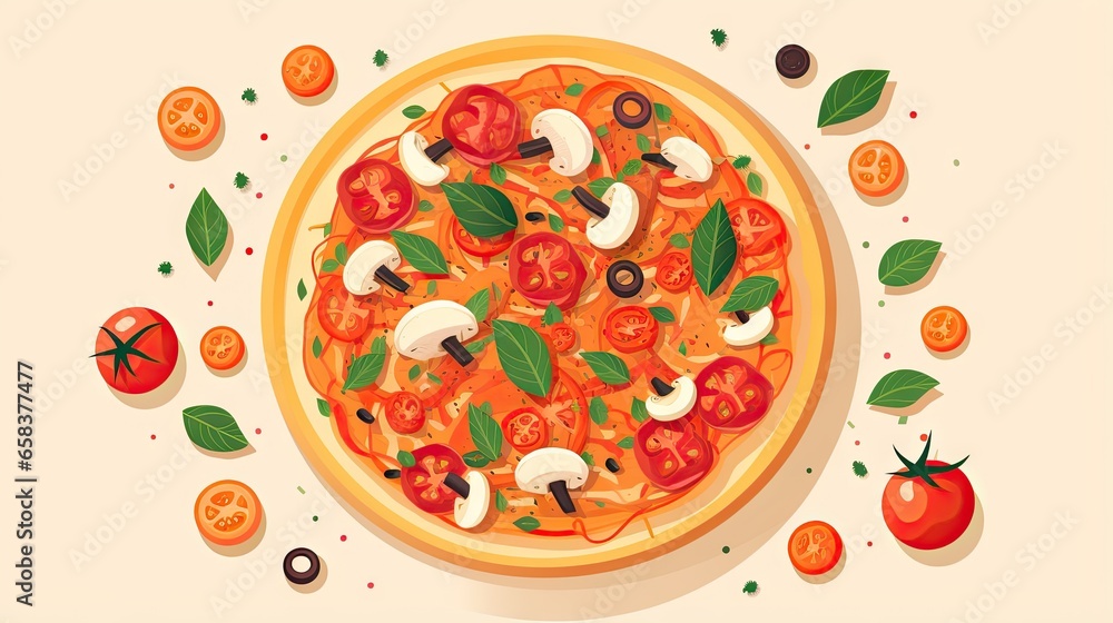 a pizza with tomatoes, mushrooms, and basil on a plate. generative ai a pizza with tomatoes, mushrooms, and basil on a plate. generative ai