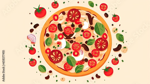  a pizza with tomatoes, olives, onions, peppers and mushrooms. generative ai