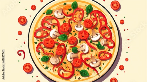  a pizza with tomatoes, mushrooms, and basil on a plate. generative ai