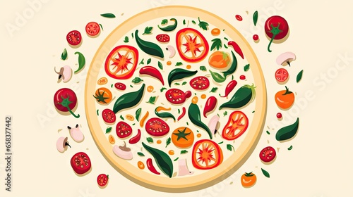  a pizza with tomatoes, peppers, onions, and basil. generative ai