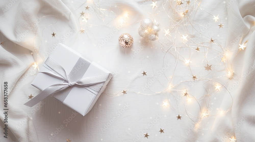 a white gift box with a silver bow on a white blanket. generative ai a white gift box with a silver bow on a white blanket. generative ai