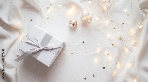  a white gift box with a silver bow on a white blanket.  generative ai