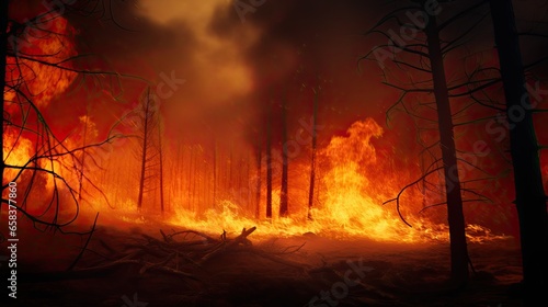 illustration of a large fire in the forest, from which animals suffered