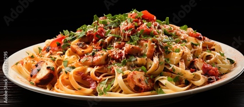 Plate with seafood fettucine pasta