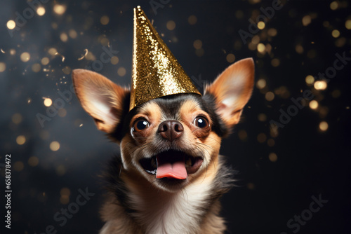 Happy dog wearing New Year's Eve party celebration hat in front of dark background with golden confetti