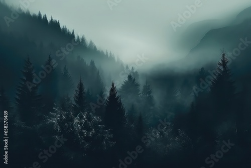 Ominous Mist Blanketing The Dense Forest.   oncept Mysterious Disappearances  Eerie Whispers  Haunted Legends  Supernatural Beings
