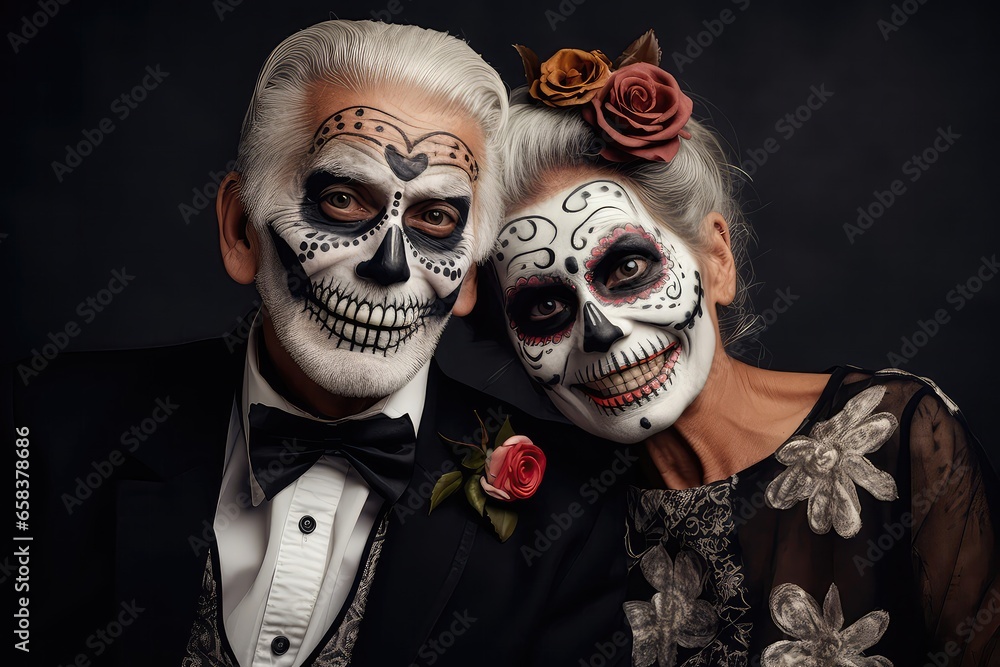 Senior Couple In Halloween Costumes Celebrating Dia De Muertos. Сoncept Senior Couple, Halloween Costumes, Dia De Muertos, Celebration Senior Couple In Halloween Costumes Celebrating Dia De Muertos. Сoncept Senior Couple, Halloween Costumes, Dia De Muertos, Celebration