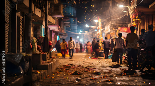 Festival of Lights: Bustling Indian Street Adorned with Vibrant Diwali