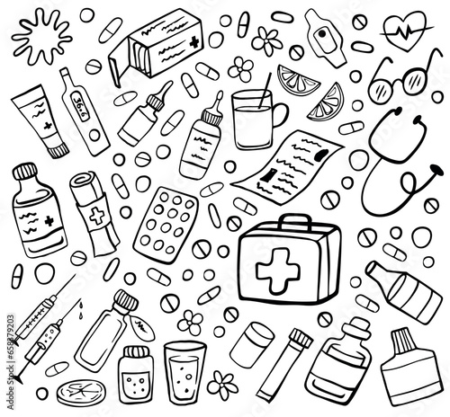 Hand drawn medicine icons doodle set - Medicines, medical products, tablets, medical equipment on a white background. Health care, pharmacy icons. Vector illustration.