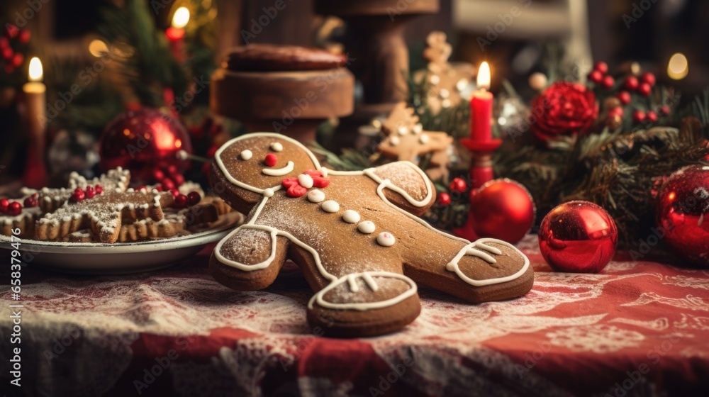 A table topped with a plate of cookies and a gingerbread
