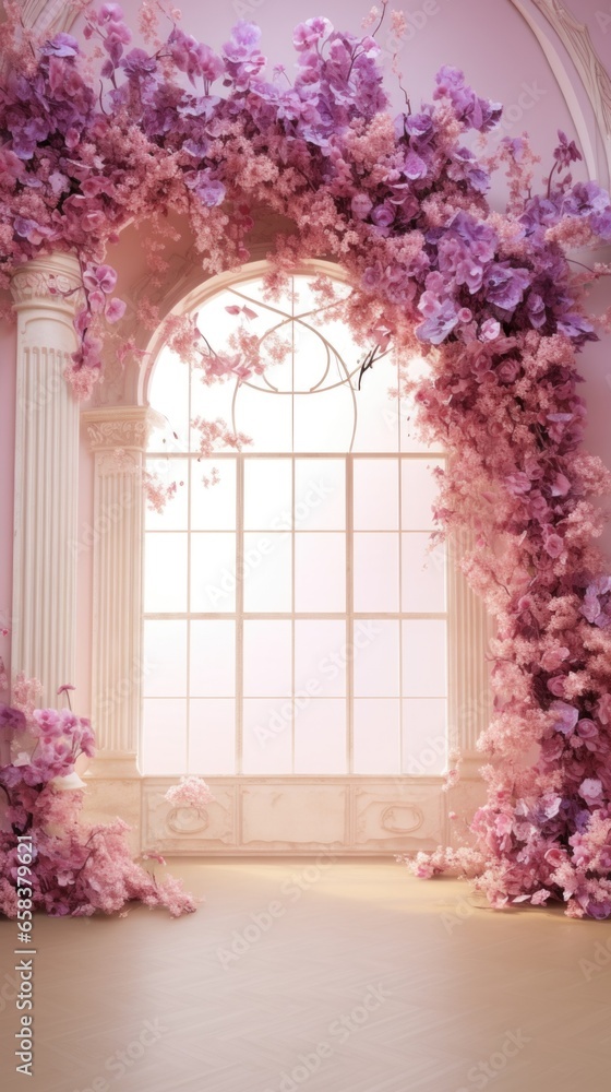 A room with a window and a bunch of flowers A room with a window and a bunch of flowers