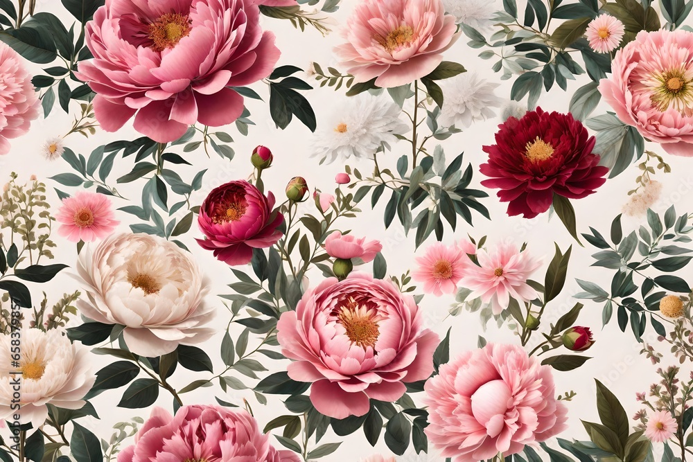 Craft a 3D rendering that brings floral harmony to life, seamlessly blending peonies, roses, asters, leaves, and plants in a shabby chic pattern. Use realistic lighting and shadows to enhance the dept