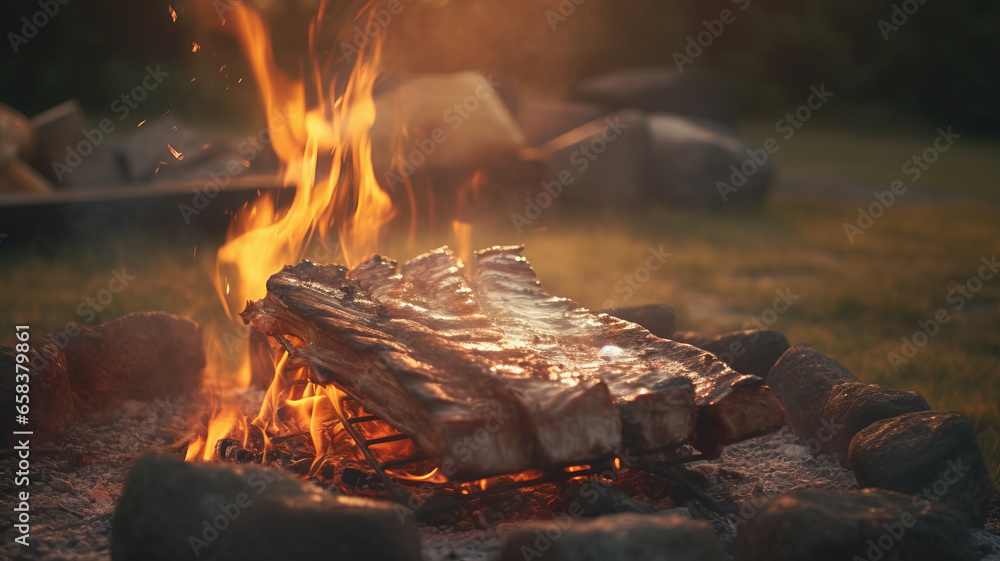 an outdoor photograph of a tasty delightful cow ribs on spit ground fire, ready to be served.generative ai