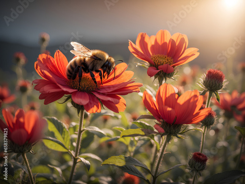 A bumblebee pollinating a red flower in a meadow at sunset.
