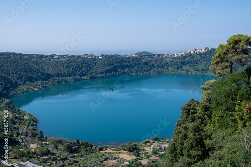 Small historical town Nemi  view on green Alban hills overlooking volcanic crater lake Nemi  Castelli Romani  Italy in summer
