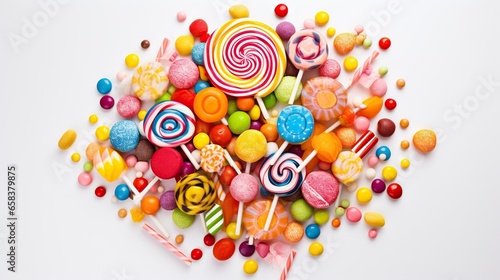  a pile of colorful candies and lollipops on a white background.  generative ai