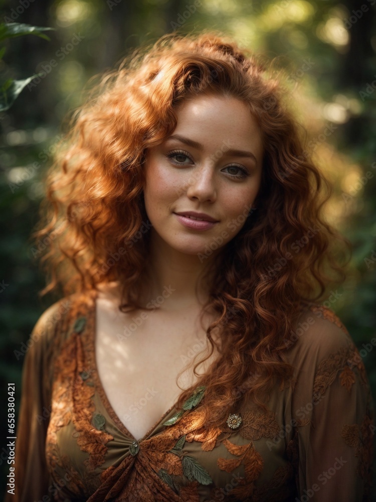 portrait of a beautiful curvy woman with wavy ginger hair wearing lovely earth tone dress, cute smile, surrounded by a mystical forest portrait of a beautiful curvy woman with wavy ginger hair wearing lovely earth tone dress, cute smile, surrounded by a mystical forest
