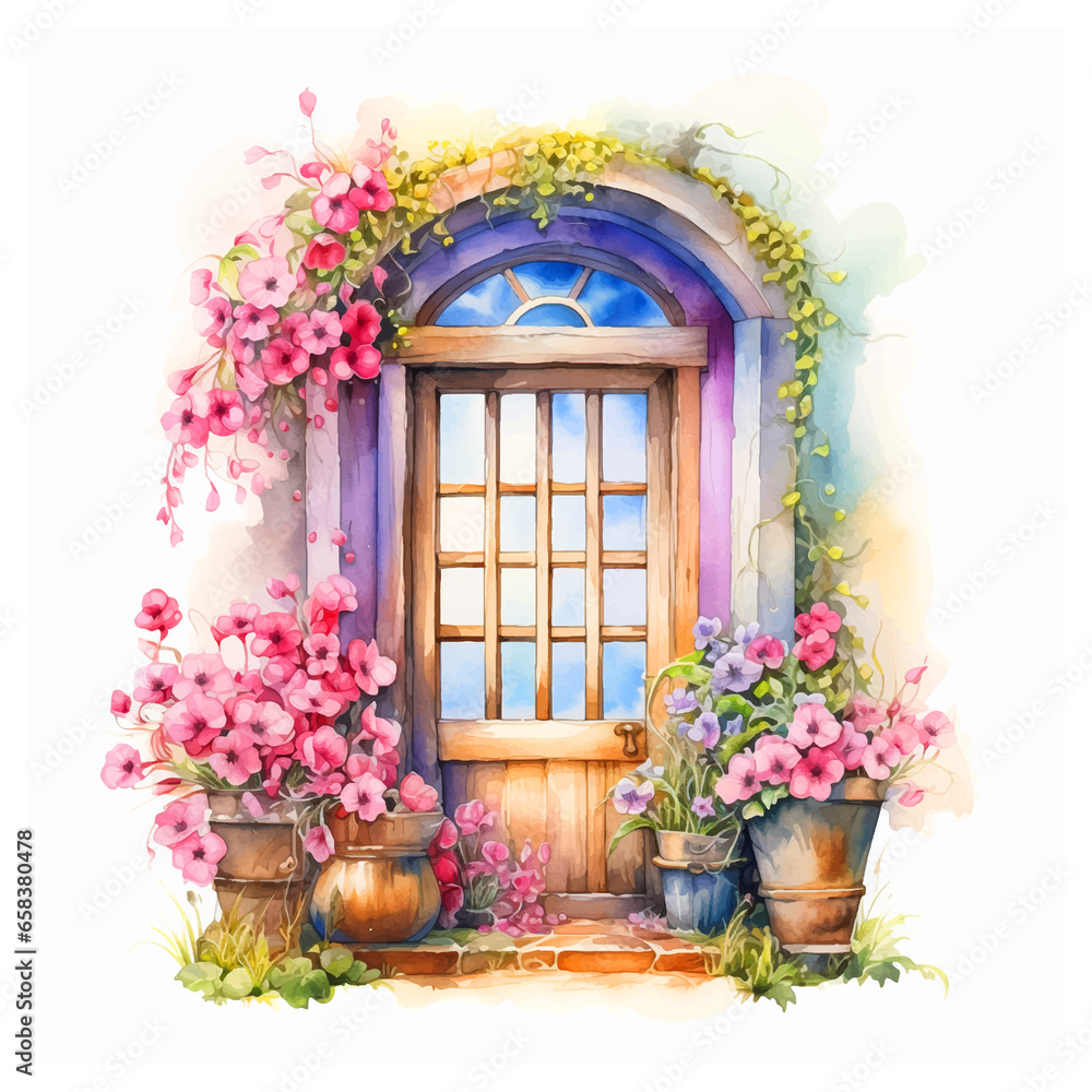 Fairy tale home and flowers watercolor painting