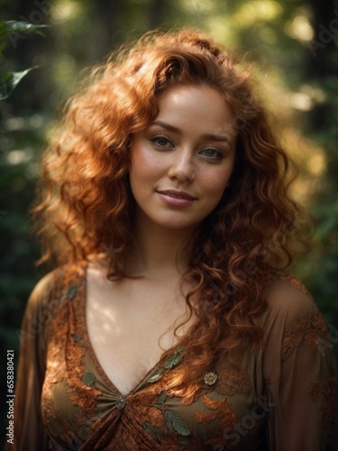 portrait of a beautiful curvy woman with wavy ginger hair wearing lovely earth tone dress, cute smile, surrounded by a mystical forest © ArtistiKa