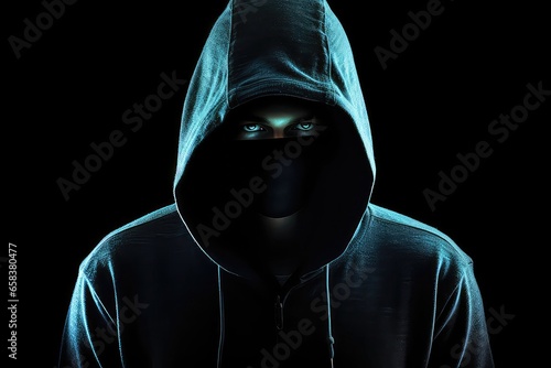 The Silhouette Of Hacker In Hood Against Dark Background, Isolated On White