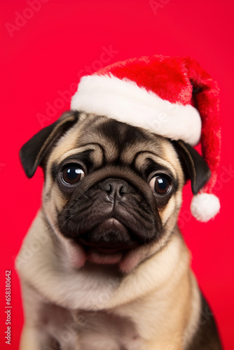 Portrait of cute Pug dog with Santa Claus Christmas hat in front of red background