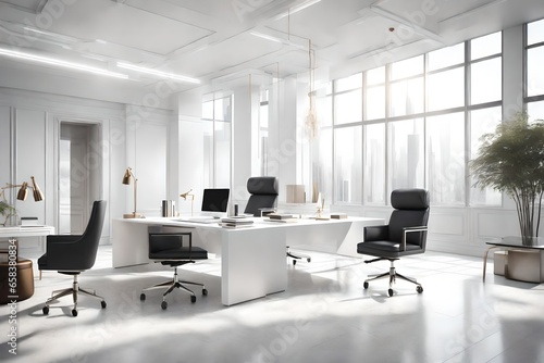 Generate a sophisticated 3D-rendered scene of an executive office in modern white tones. Focus on luxurious furnishings, such as a contemporary desk, leather chairs, and stylish decor. Use subtle ligh