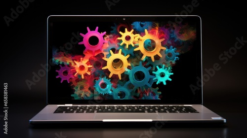 laptop on a dark background with gears on the screen