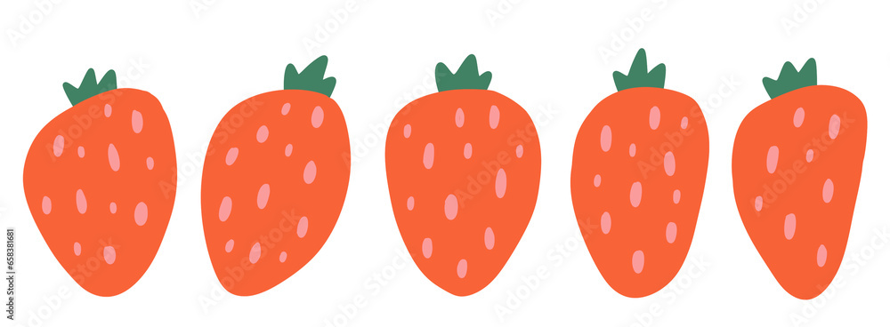 Hand drawn abstract red pink and green cartoon strawberry vector illustration collection set icon modern design cute fruit symbol drawing isolated background object
