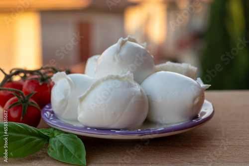 White balls of Italian soft cheese Mozzarella di Bufala Campana served with fresh green basil and red sicilian tomatoes