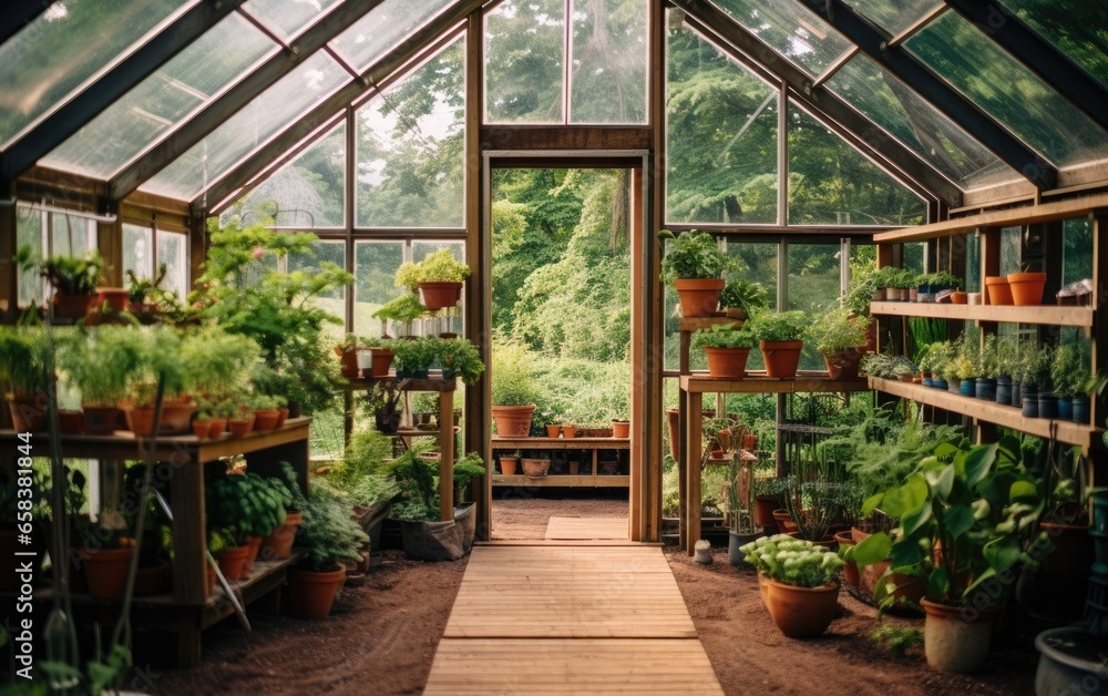 A small lovely greenhouse full of lush plants