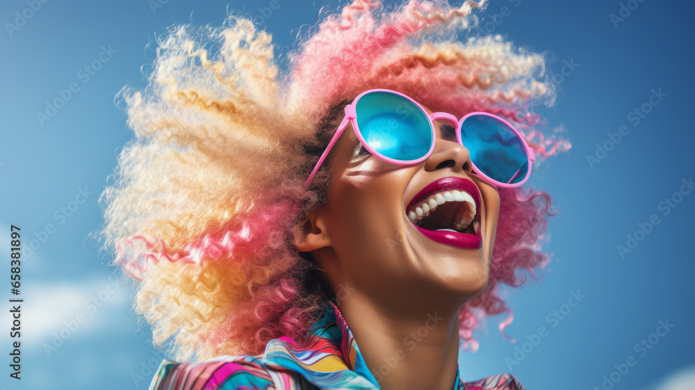Beauty African American girl with afro blond hair laughing, happy and funny woman.generative ai