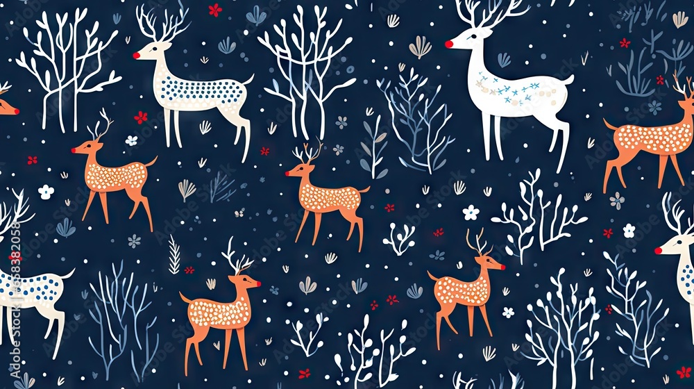 a pattern of deers and plants on a dark blue background. generative ai a pattern of deers and plants on a dark blue background. generative ai