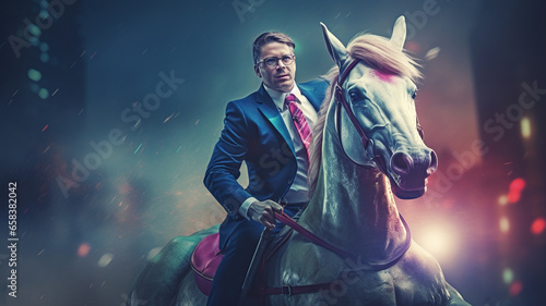 businessman riding a colorful horse photo