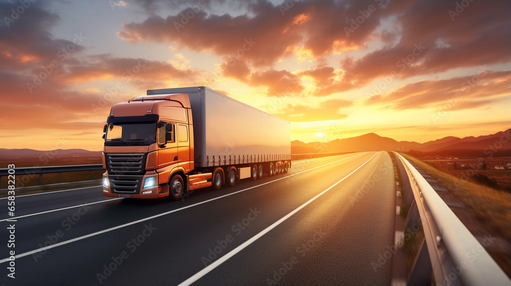 truck with fast fast on road at sunset