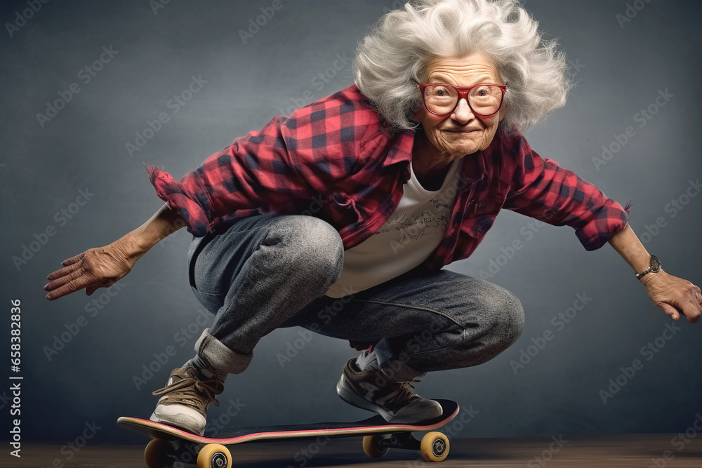 funny joyful grandmother on skateboard. Generative Ai