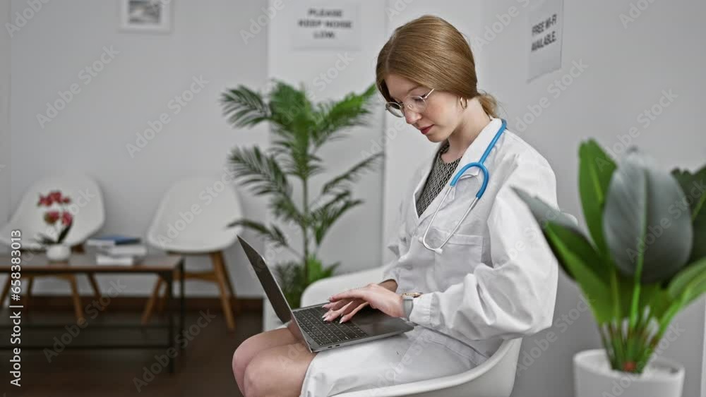 Young blonde woman doctor finish to work relaxed on chair at clinic waiting room Young blonde woman doctor finish to work relaxed on chair at clinic waiting room