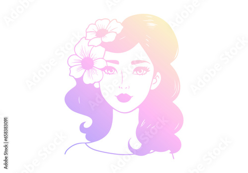 Portrait of young woman. Silhouette of a girl with soft purple to yellow gradient. Vector illustration.