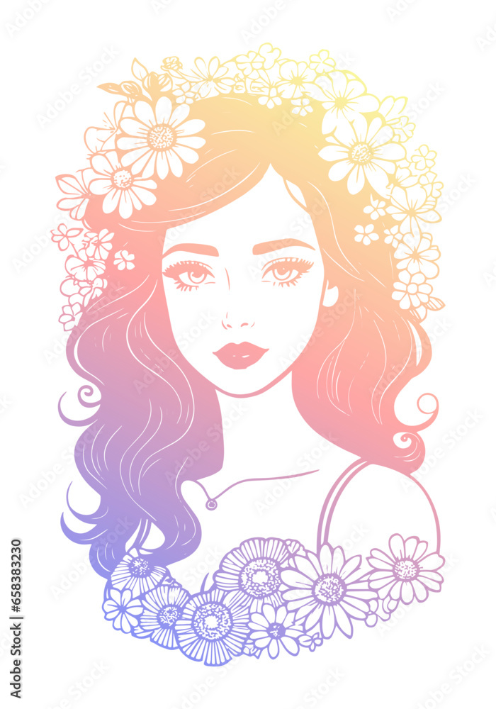 Portrait of young woman. Silhouette of a girl with soft purple to yellow gradient. Vector illustration. Portrait of young woman. Silhouette of a girl with soft purple to yellow gradient. Vector illustration.